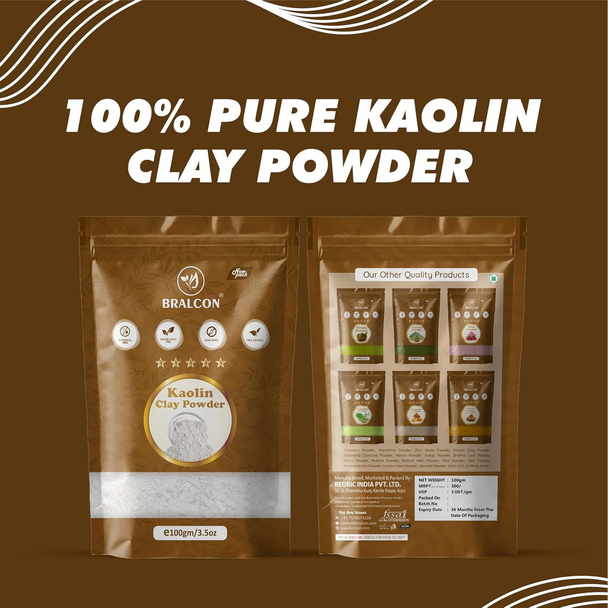 BRALCON Pure Kaolin Clay Powder 100gm – Natural Cosmetic Grade, Gentle for DIY Skincare & Face Masks