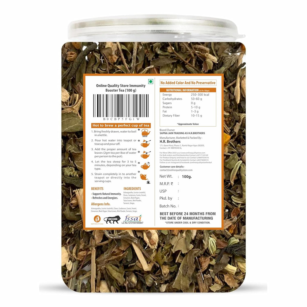 Online Quality Store Immunity Booster Tea - 100g | Blended with 12 Herbs (Ashwagandha, Licorice, Cloves, Cardamom, Cumin, Fennel, Cinnamon, Black Pepper, Tulsi Leaves, Mint Powder, Turmeric, Ginger)