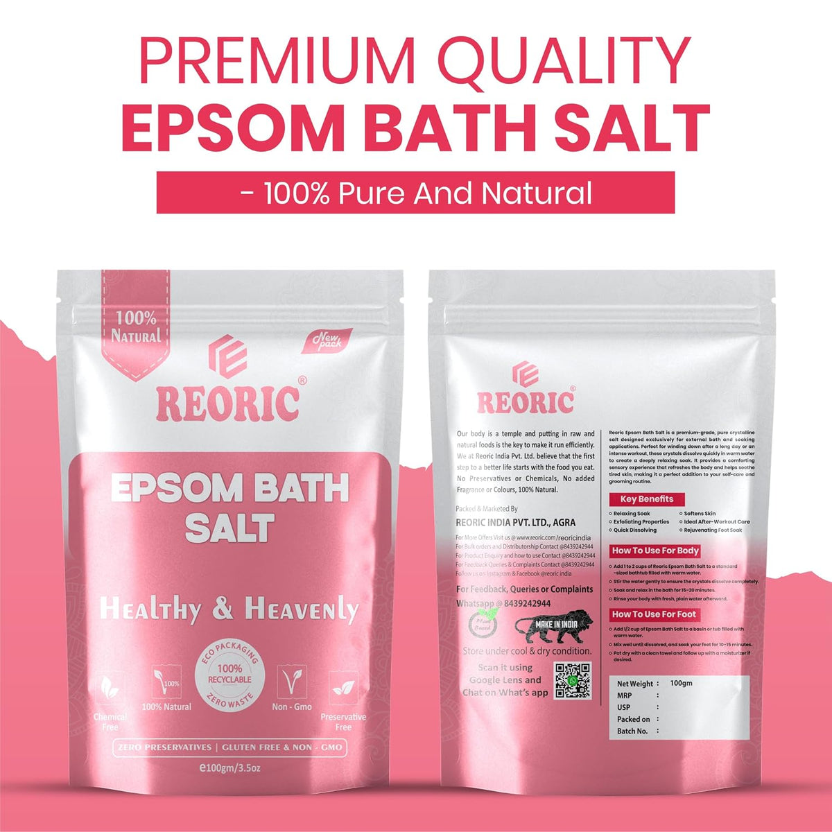 REORIC Pure Epsom Salt 400g (100g x Pack of 4)