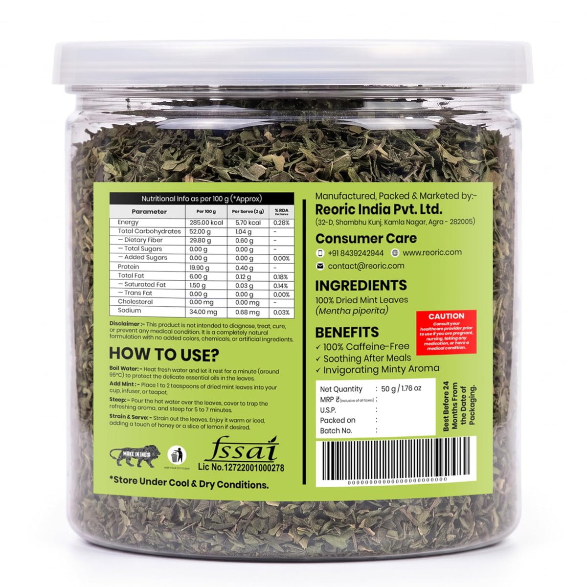 REORIC Mint Tea 50g | Refreshing Dried Mint Leaves Herbal Infusion | Cool Aromatic Loose Leaf Tea Blend | Daily Hot & Iced Beverage Brew