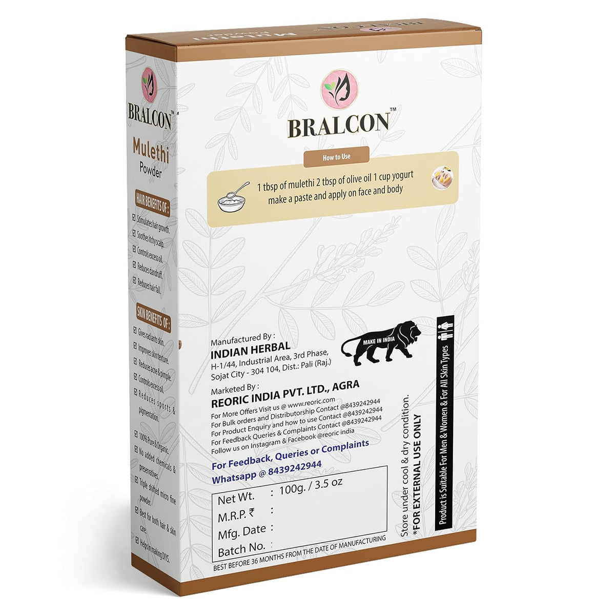 BRALCON Multani Mitti, Orange, Mulethi Powder Combo -300g(100g x 3 Pack) for Skin, Face Pack, Hair