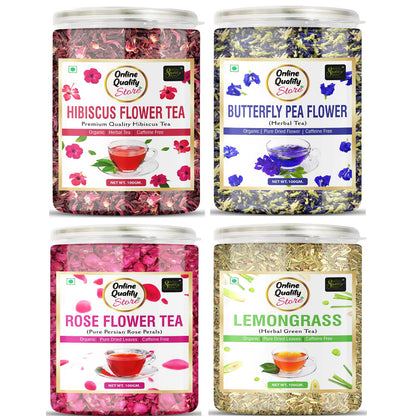 Online Quality Store Organic Hibiscus Flower Tea, Butterfly Pea Flower Tea, Rose Flower Tea, Lemongrass Tea Combo-400g(100g x 4 Pack)|Caffeine Free Herbal Tea|Premium Hibiscus Tea|Rose Tea|Antioxidant
