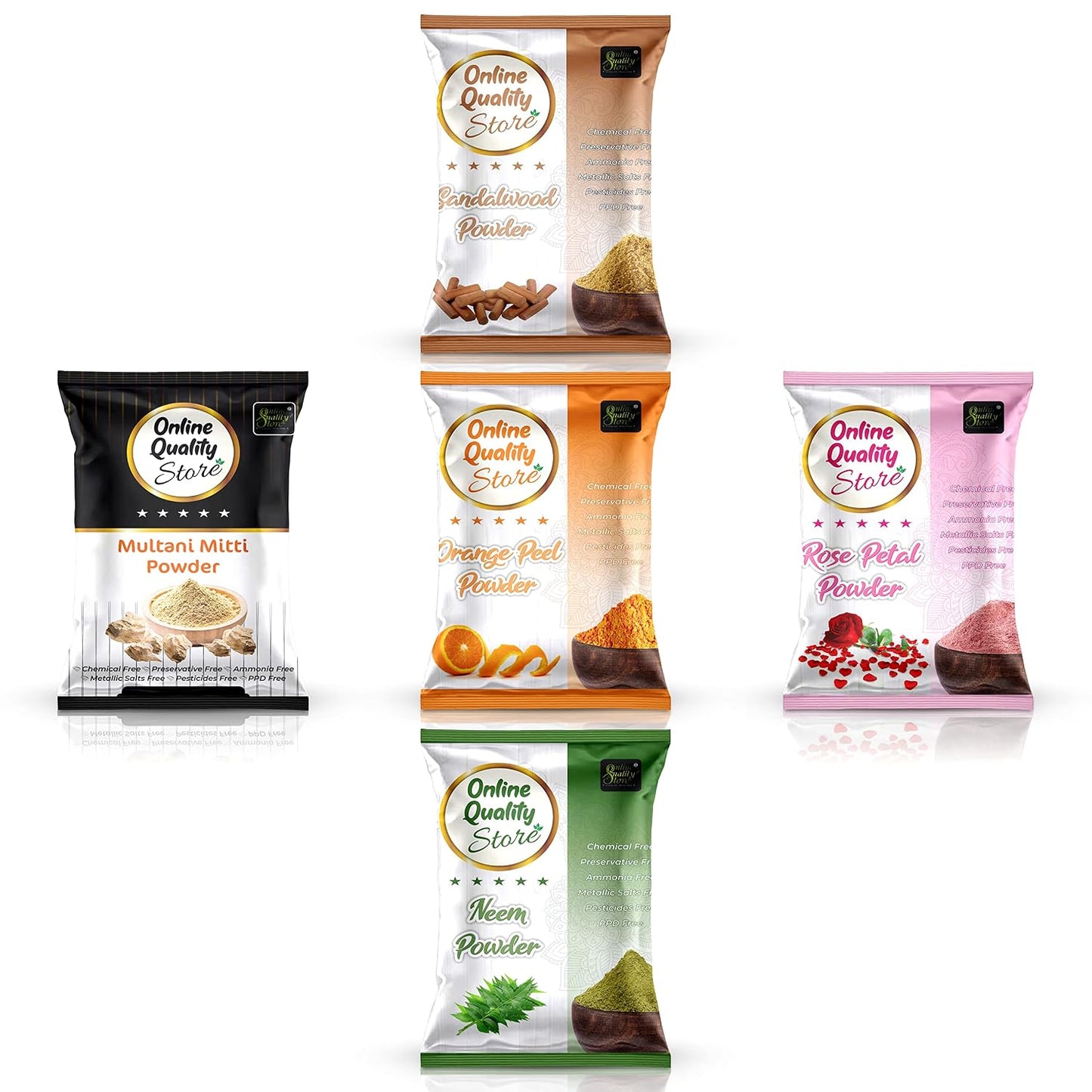 Multani Mitti Powder + Chandan + Orange Peel + Neem + Rose Powder (Pack of 5) 400g