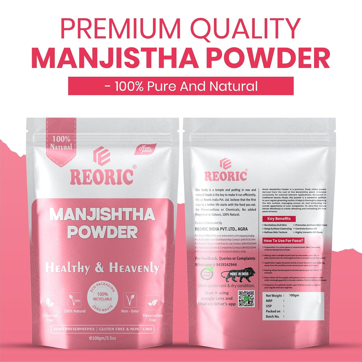 REORIC Manjistha Powder for Face Pack & Skin Care -100g