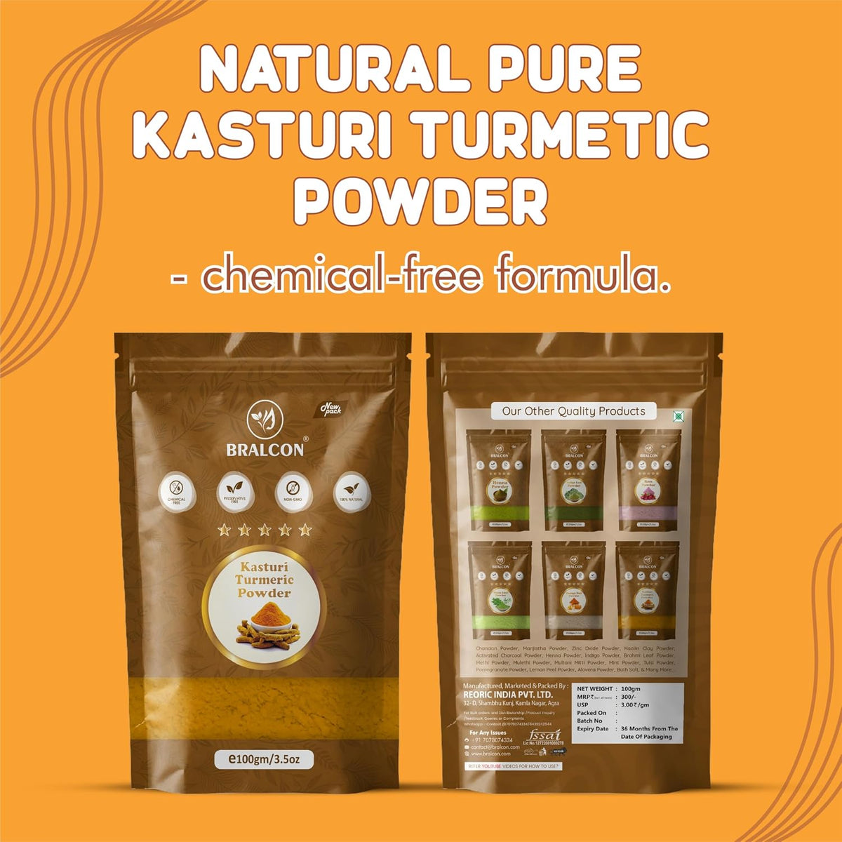 BRALCON Kasturi Turmeric Powder 100gm for Face Beauty and Skin Treatment - Wild Turmeric Powder for All Skin Types - 100% Natural and Chemical Free