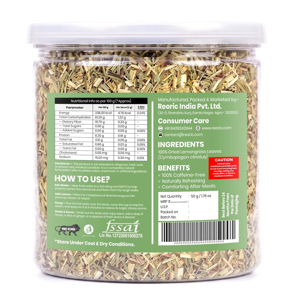 REORIC Lemongrass Herbal Tea 50g | Dried Lemongrass Leaf Infusion | Citrus Aromatic Herbal Tea Blend | Daily Hot Refreshment Brew
