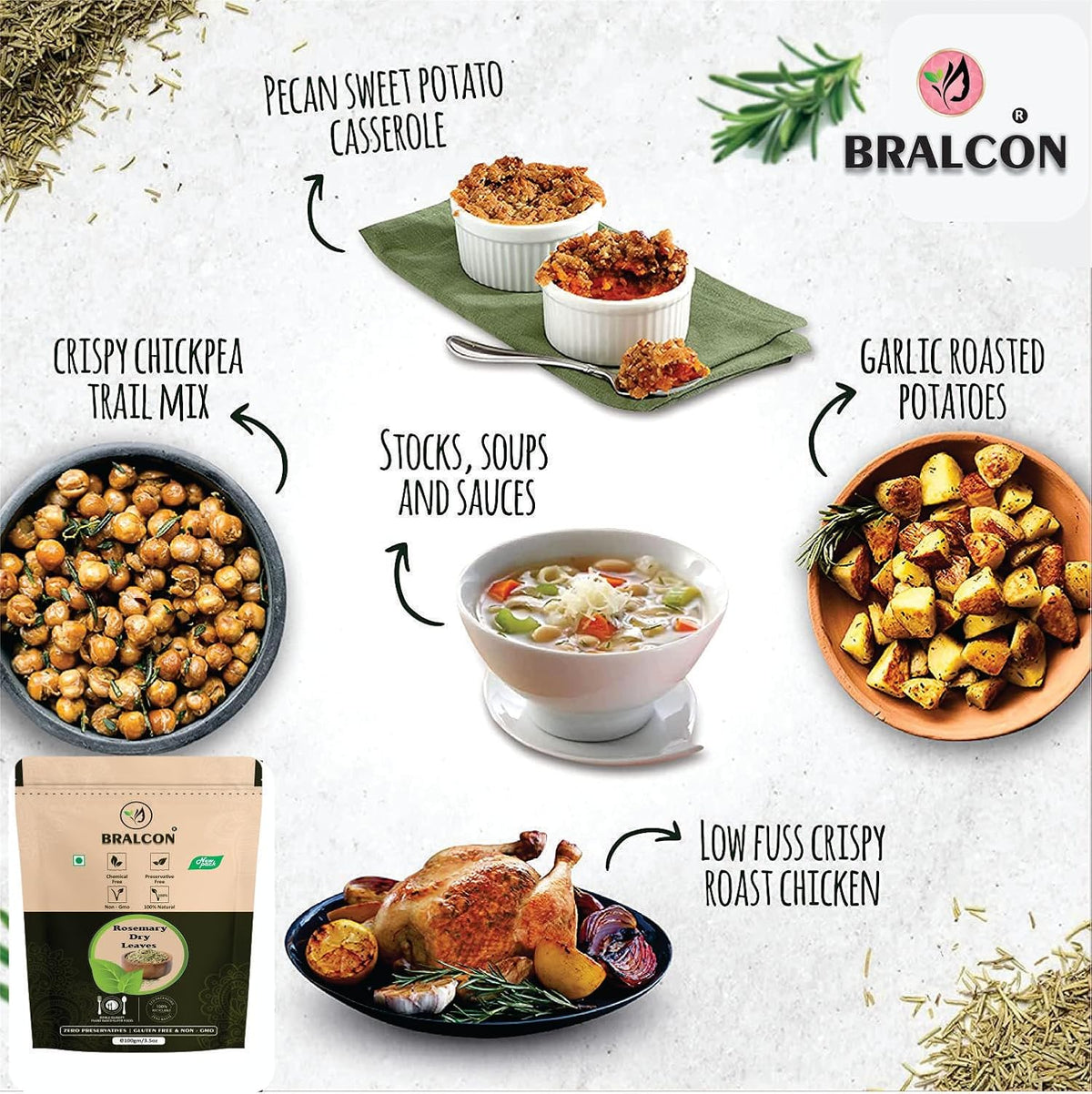 BRALCON Rosemary Dried Leaves - 100g | Rosemary Leaves for hair growth, Seasoning Food & Herbal Tea
