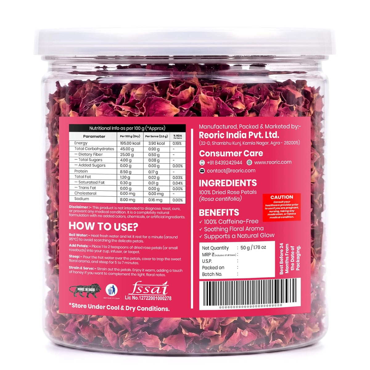 REORIC Rose Petal Tea 50g | Dried Rose Petals Herbal Infusion | Aromatic Floral Loose Leaf Brew | Daily Hot & Iced Beverage Drink