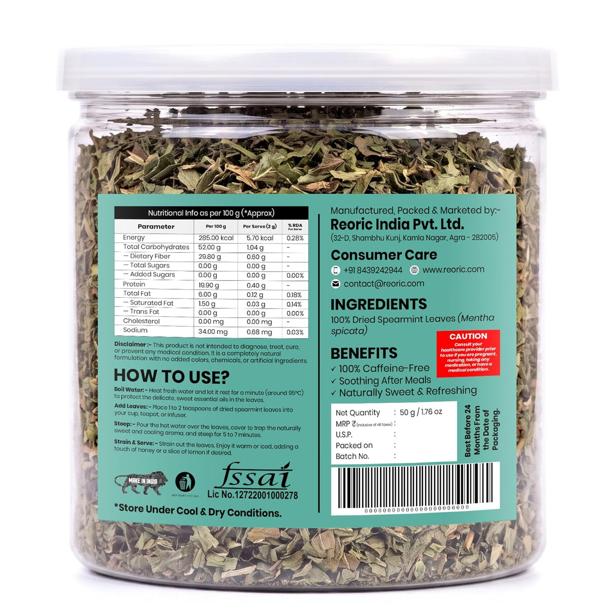 REORIC Spearmint Tea 50g | Dried Spearmint Leaves Herbal Infusion | Refreshing Loose Leaf Mint Brew | Daily Hot & Iced Beverage Drink
