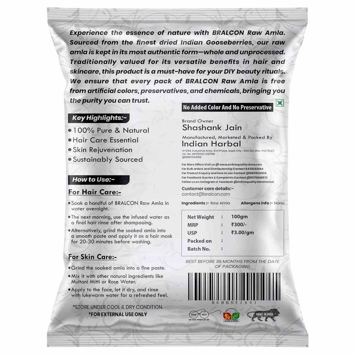 BRALCON Organic Raw Reetha, Amla, Shikakai Combo Pack- 300g(100g x 3 Pack)