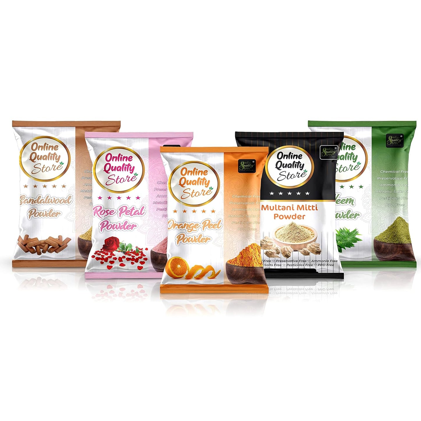 Multani Mitti Powder + Chandan + Orange Peel + Neem + Rose Powder (Pack of 5) 400g