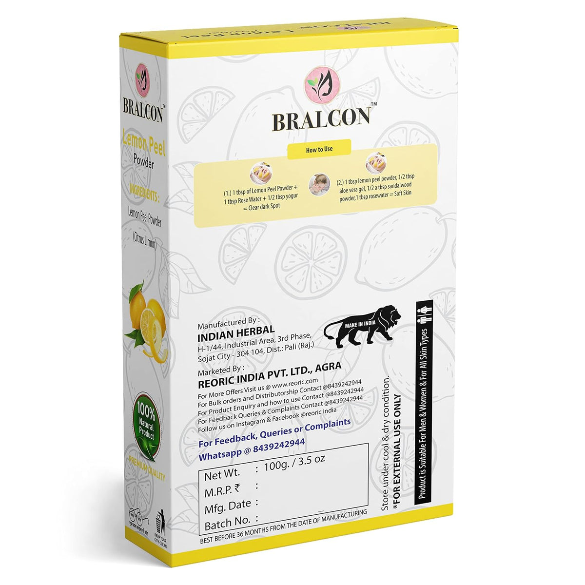 BRALCON Organic Lemon Peel Powder -100g