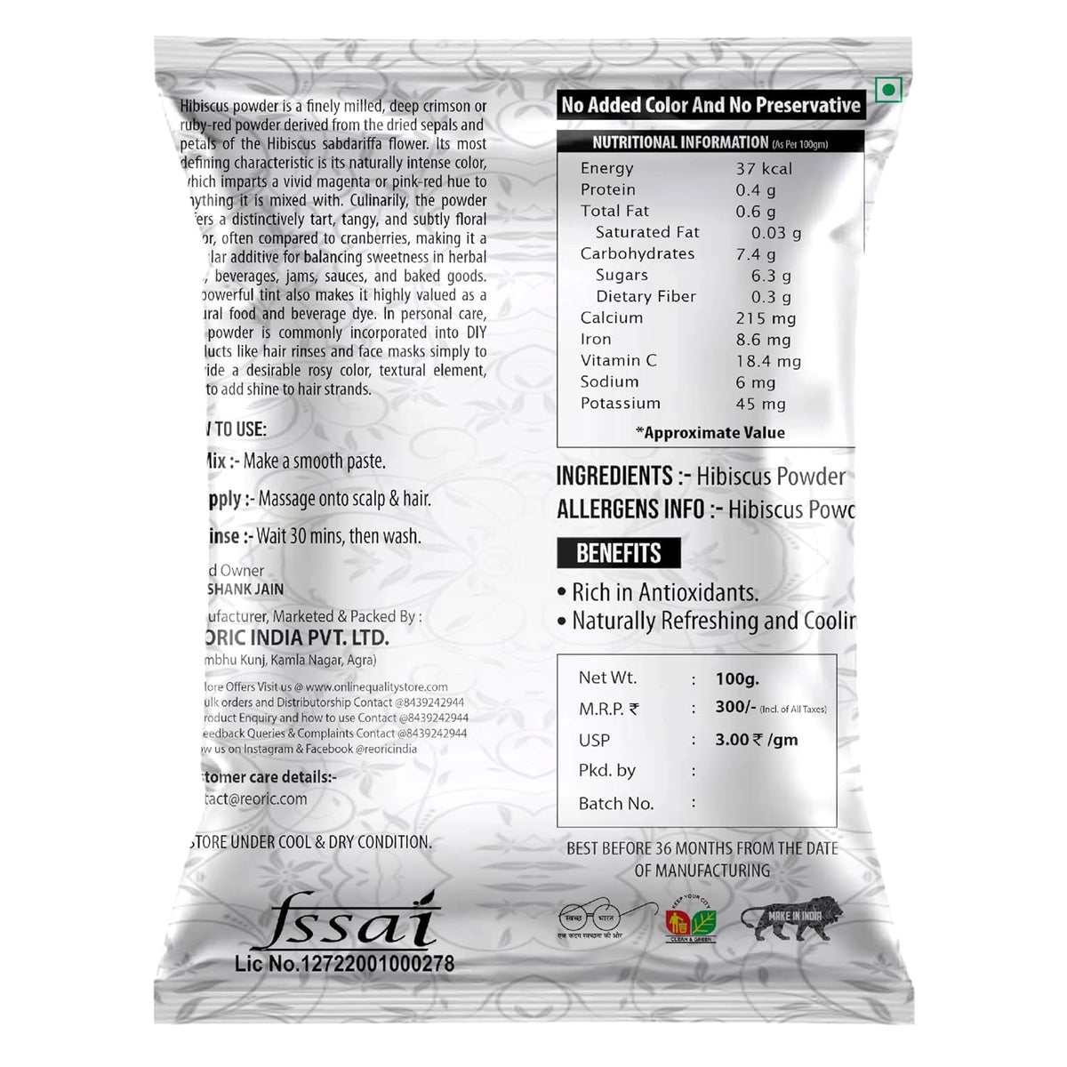 BRALCON Hibiscus Powder - 100gm, Natural Pure Hibiscus Rosa-Sinensis Flower Powder for Face Pack and Hair Mask, Hair Conditioner for Dull Hair & Dry Scalp, Gudhal Ka Phool Powder