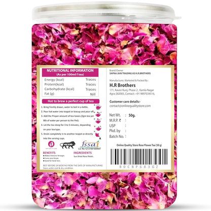 Online Quality Store Organic Rose Flower Tea - 50g | Pure Rose Petals | Caffeine Free Herbal Tea | Use for Iced Tea, Cocktails