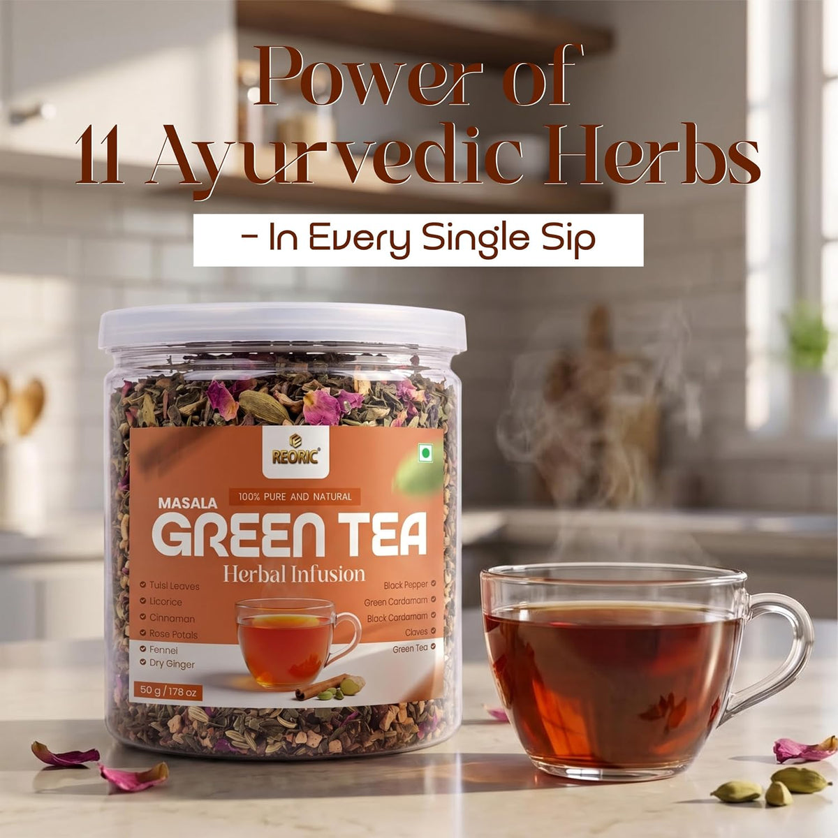 REORIC Masala Green Tea 50g | Spiced Green Tea Blend with Aromatic Indian Spices | Flavorful Hot Beverage Loose Tea | Daily Refreshment Brew