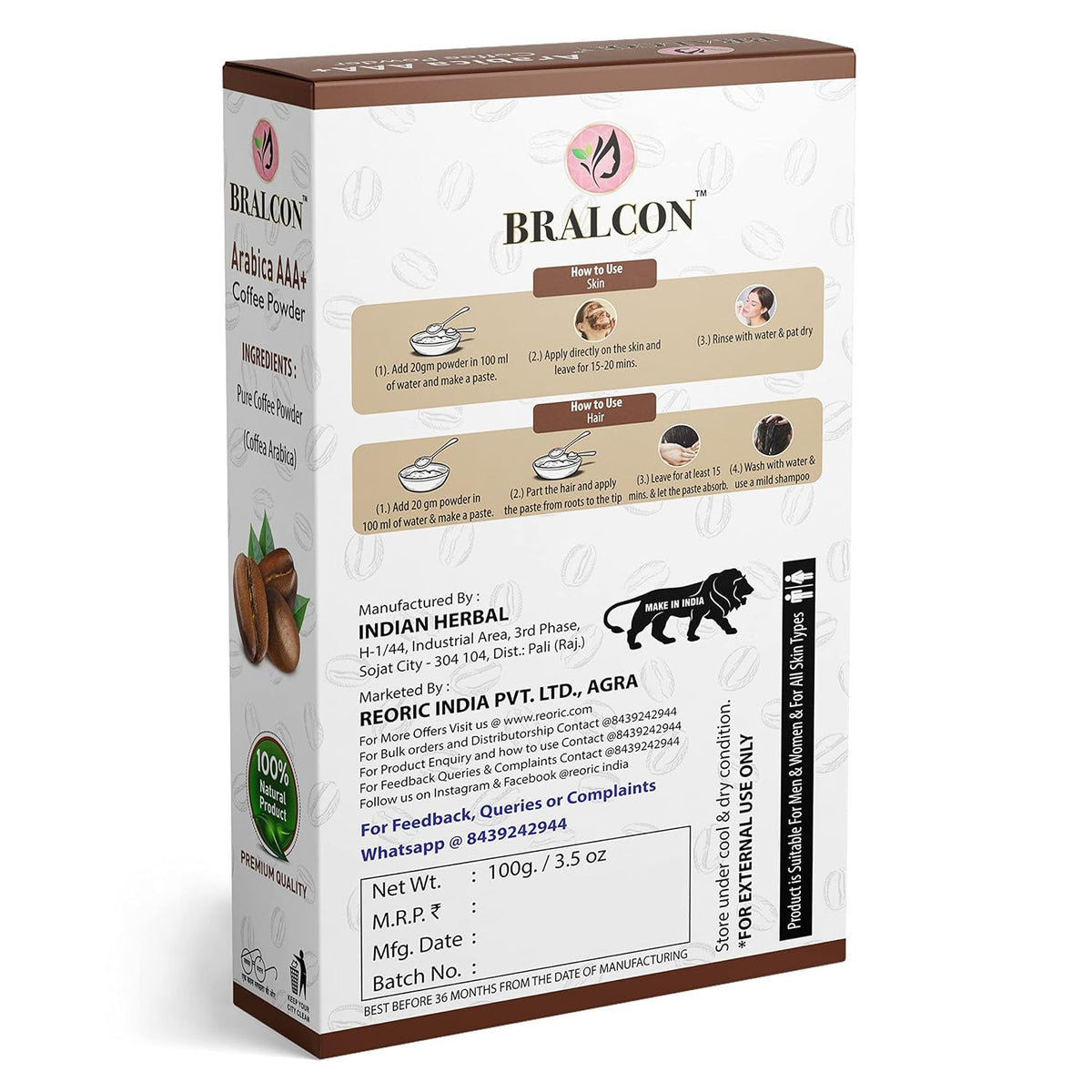 BRALCON Organic Arabica AAA+ Coffee Powder-100g