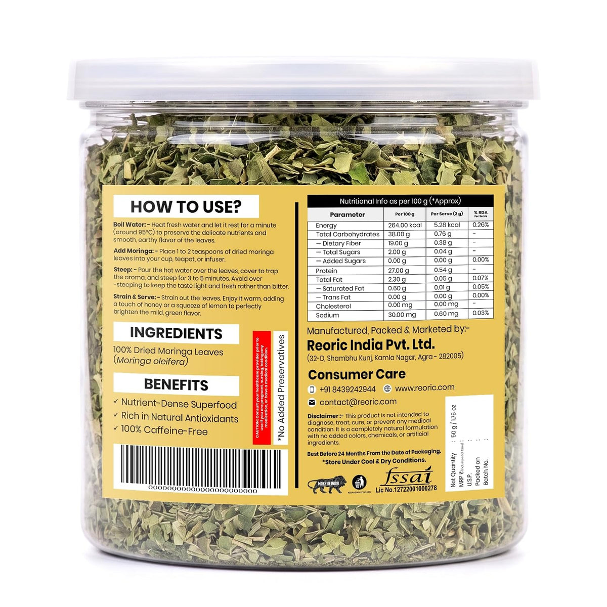REORIC Moringa Herbal Tea 50g | Premium Dried Moringa Leaves Infusion | Smooth & Earthy Green Beverage | Daily Refreshment Drink