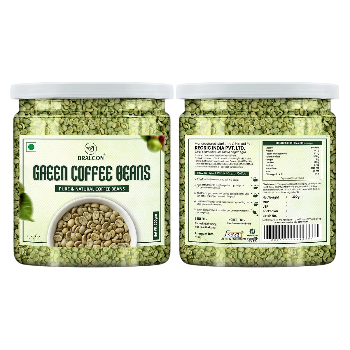 BRALCON Natural Unroasted Green Coffee Beans - 300g