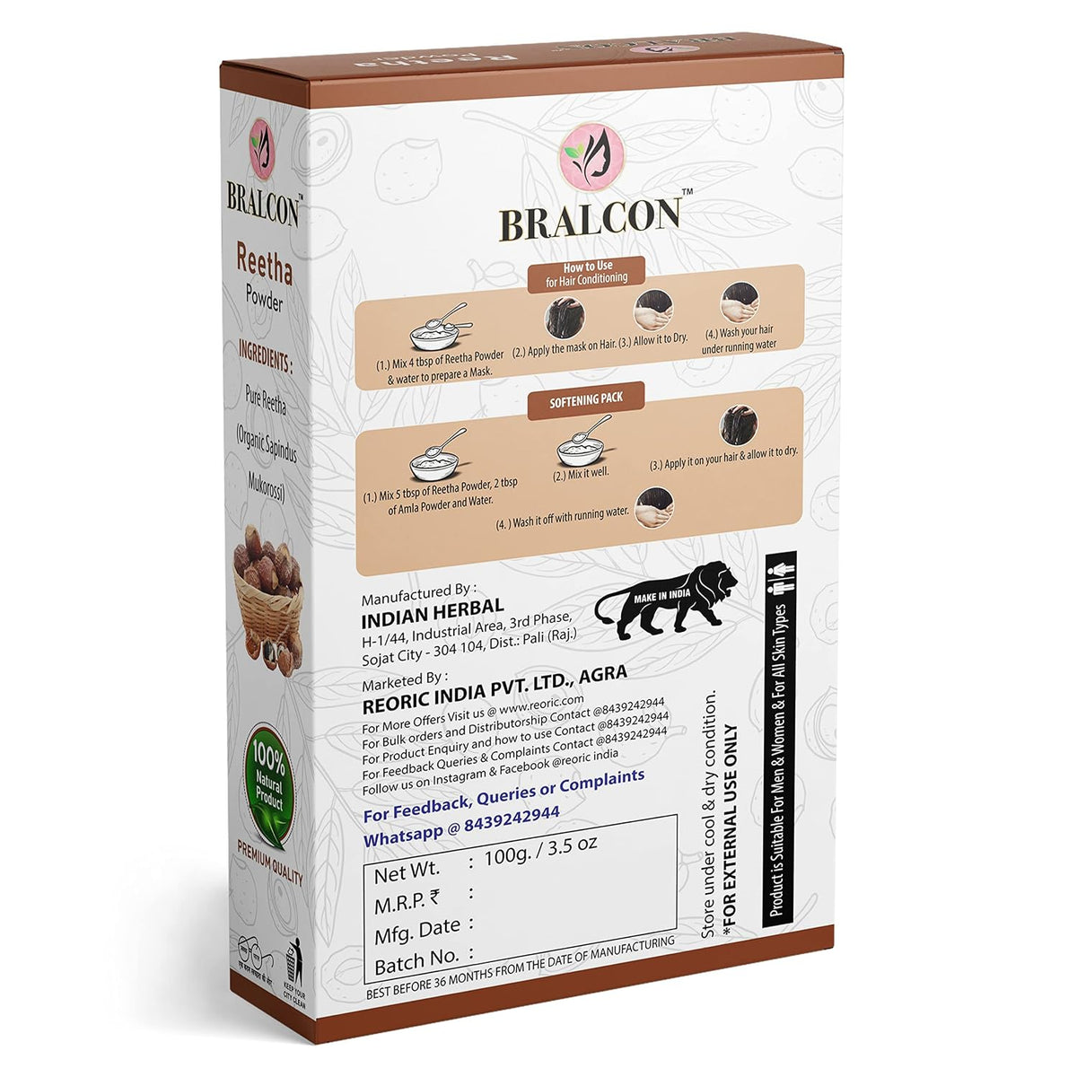 BRALCON Organic Amla, Reetha, Shikakai, Bhringraj, Hibiscus Powder Combo-500g (100g x 5 Pack)
