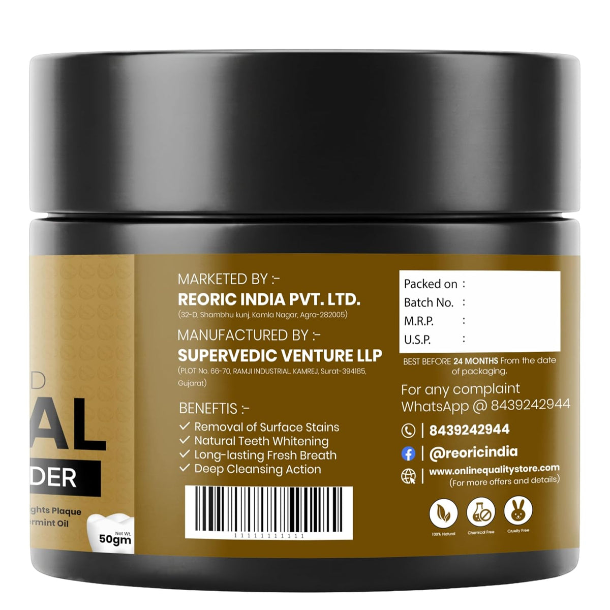 REORIC Activated Charcoal Powder for Teeth Cleaning & Oral Care -50g