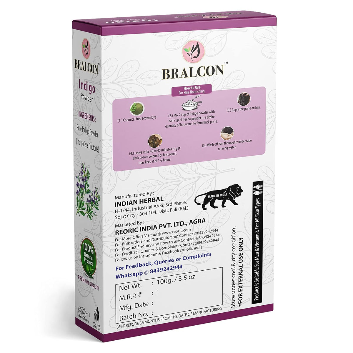 BRALCON Organic Amla Powder, Reetha Powder, Shikakai Powder, Bhringraj Powder, Hibiscus Powder, Henna Powder, Indigo Powder Combo-700g(100g x 7 Pack)