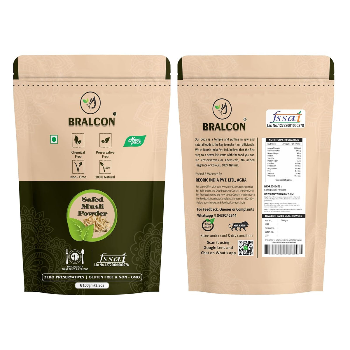 BRALCON Pure Safed Musli Root Powder -100g