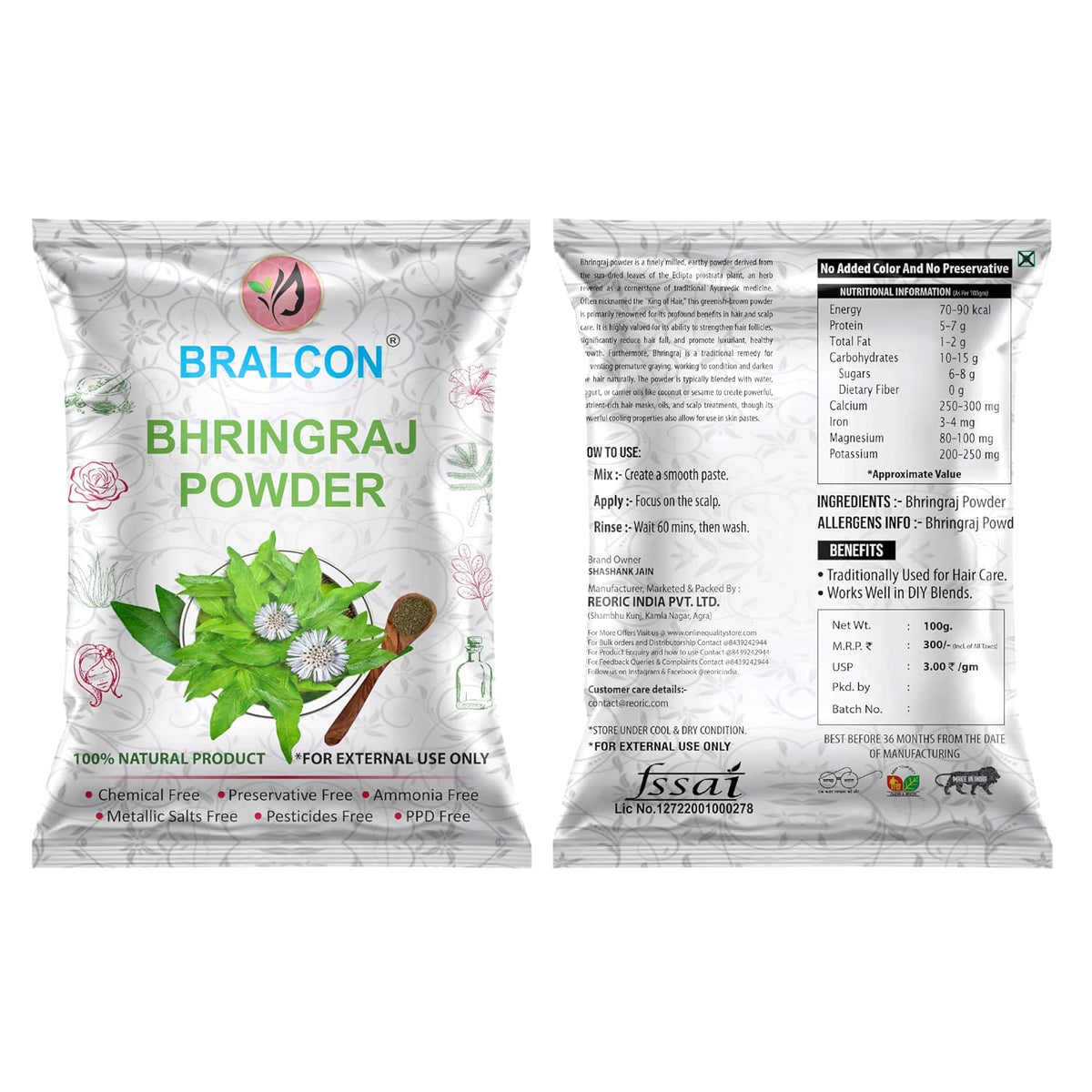 BRALCON Bhringraj Powder for Hair Oil, Hair Masks & Packs (100g) - 100% Natural, Chemical Free