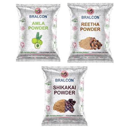 BRALCON Reetha Amla Shikakai Powder | Natural Hair Care Powder Set - 300 g , 100g Each | Chemical-Free | Hair Shampoo