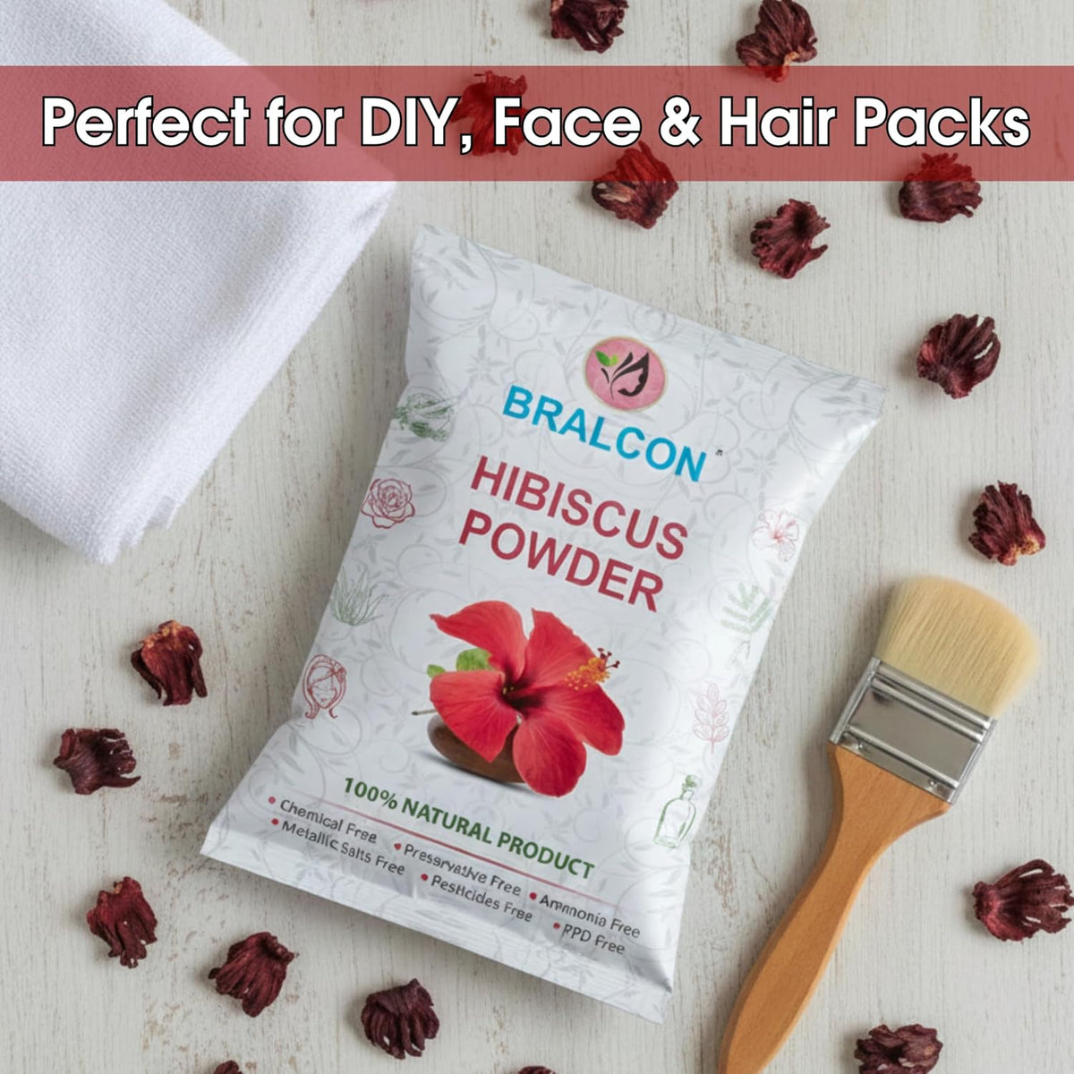 BRALCON Hibiscus Powder - 100gm, Natural Pure Hibiscus Rosa-Sinensis Flower Powder for Face Pack and Hair Mask, Hair Conditioner for Dull Hair & Dry Scalp, Gudhal Ka Phool Powder