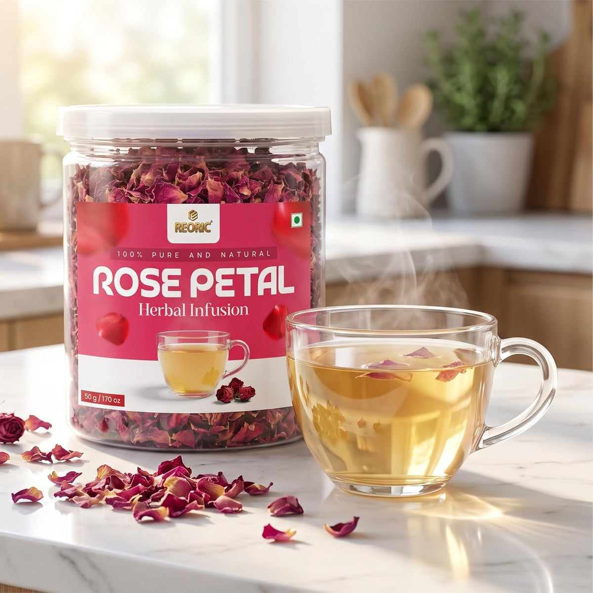 REORIC Rose Petal Tea 50g | Dried Rose Petals Herbal Infusion | Aromatic Floral Loose Leaf Brew | Daily Hot & Iced Beverage Drink