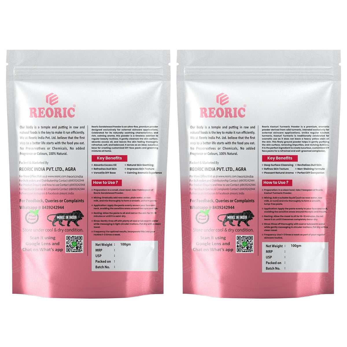 REORIC Sandalwood and Kasturi Turmeric Powder Combo 200g (100g Pack of 2)