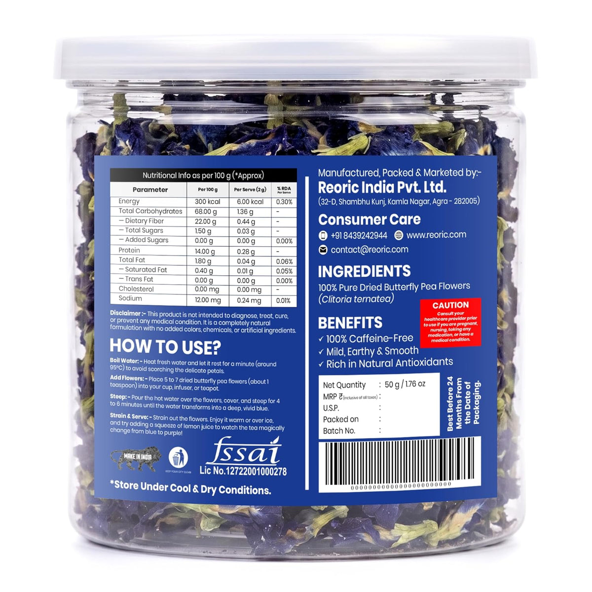 REORIC Whole Dried Butterfly Pea Flower Tea 50g