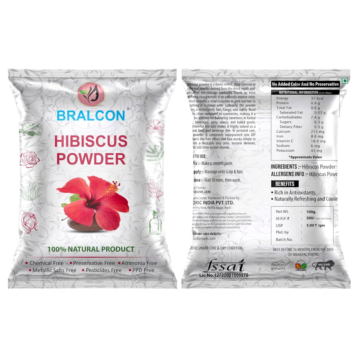 BRALCON Hibiscus Powder - 100gm, Natural Pure Hibiscus Rosa-Sinensis Flower Powder for Face Pack and Hair Mask, Hair Conditioner for Dull Hair & Dry Scalp, Gudhal Ka Phool Powder
