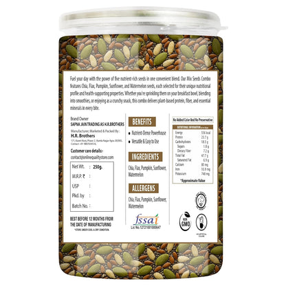 Online Quality Store Mix Seeds - 250g Jar | 6-In-1 Super Seeds Mix | Pumpkin, Sunflower, Watermelon, Flax, Strawberry and Chery Seeds - Mixed seeds for weight loss | Edible Seeds