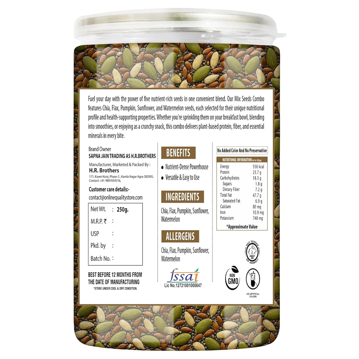 Online Quality Store Mix Seeds - 250g Jar | 6-In-1 Super Seeds Mix | Pumpkin, Sunflower, Watermelon, Flax, Strawberry and Chery Seeds - Mixed seeds for weight loss | Edible Seeds