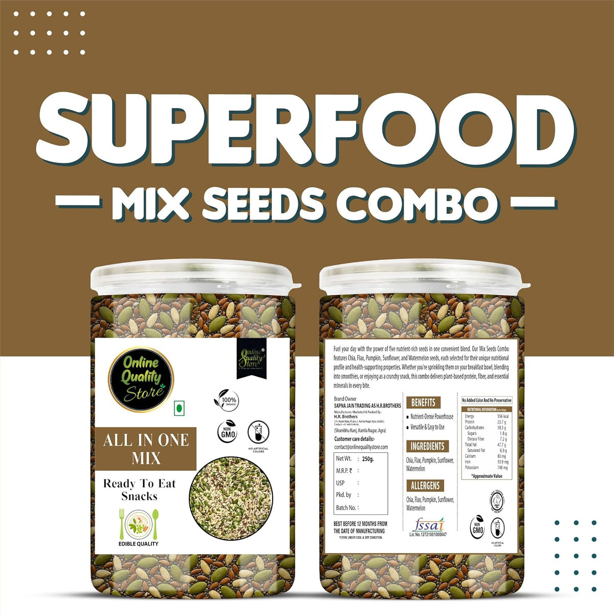 Online Quality Store Mix Seeds - 250g Jar | 6-In-1 Super Seeds Mix | Pumpkin, Sunflower, Watermelon, Flax, Strawberry and Chery Seeds - Mixed seeds for weight loss | Edible Seeds