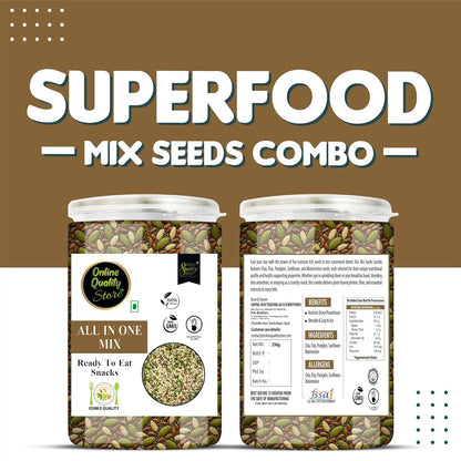 Online Quality Store Mix Seeds - 250g Jar | 6-In-1 Super Seeds Mix | Pumpkin, Sunflower, Watermelon, Flax, Strawberry and Chery Seeds - Mixed seeds for weight loss | Edible Seeds
