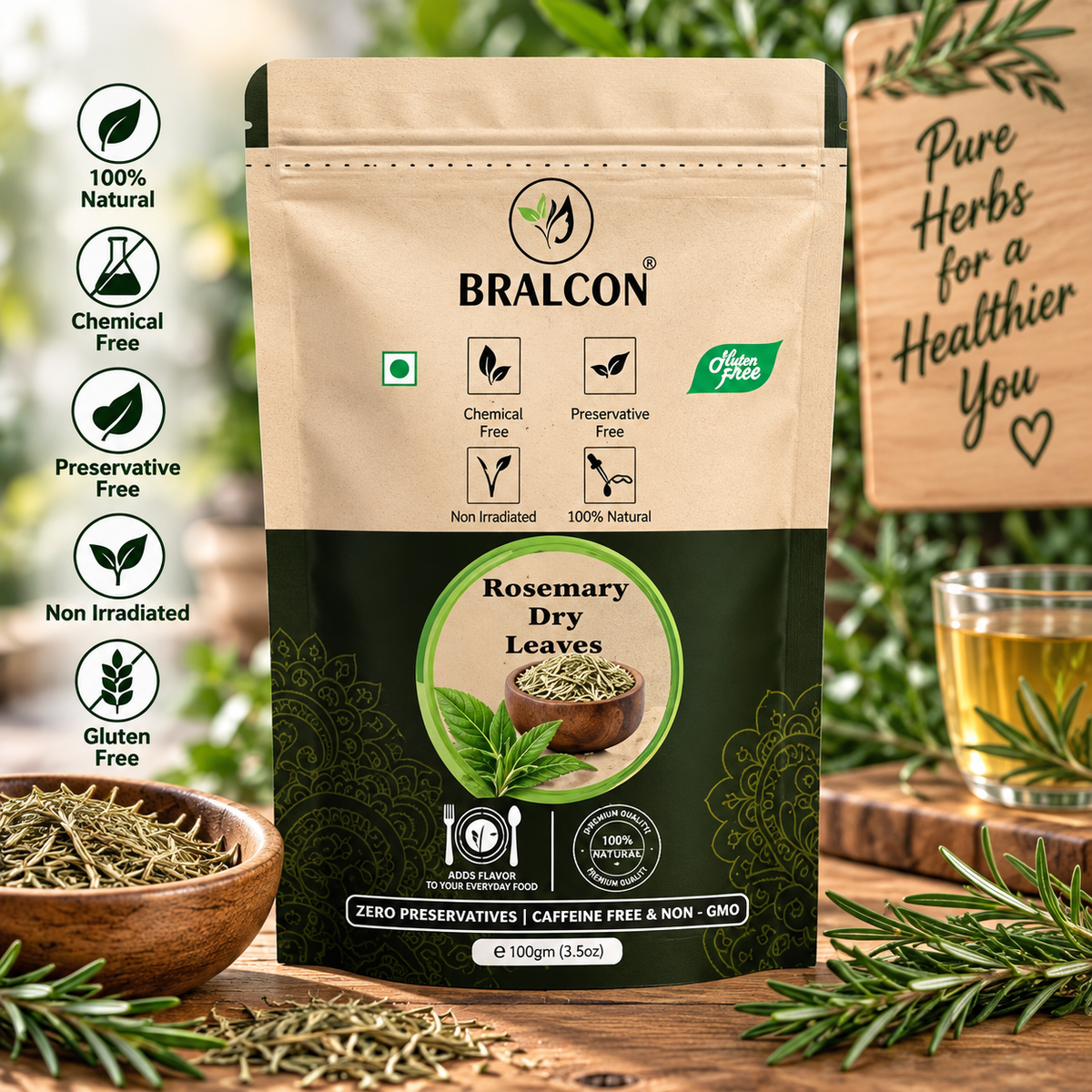 BRALCON Rosemary Dried Leaves - 100g | Rosemary Leaves for hair growth, Seasoning Food & Herbal Tea