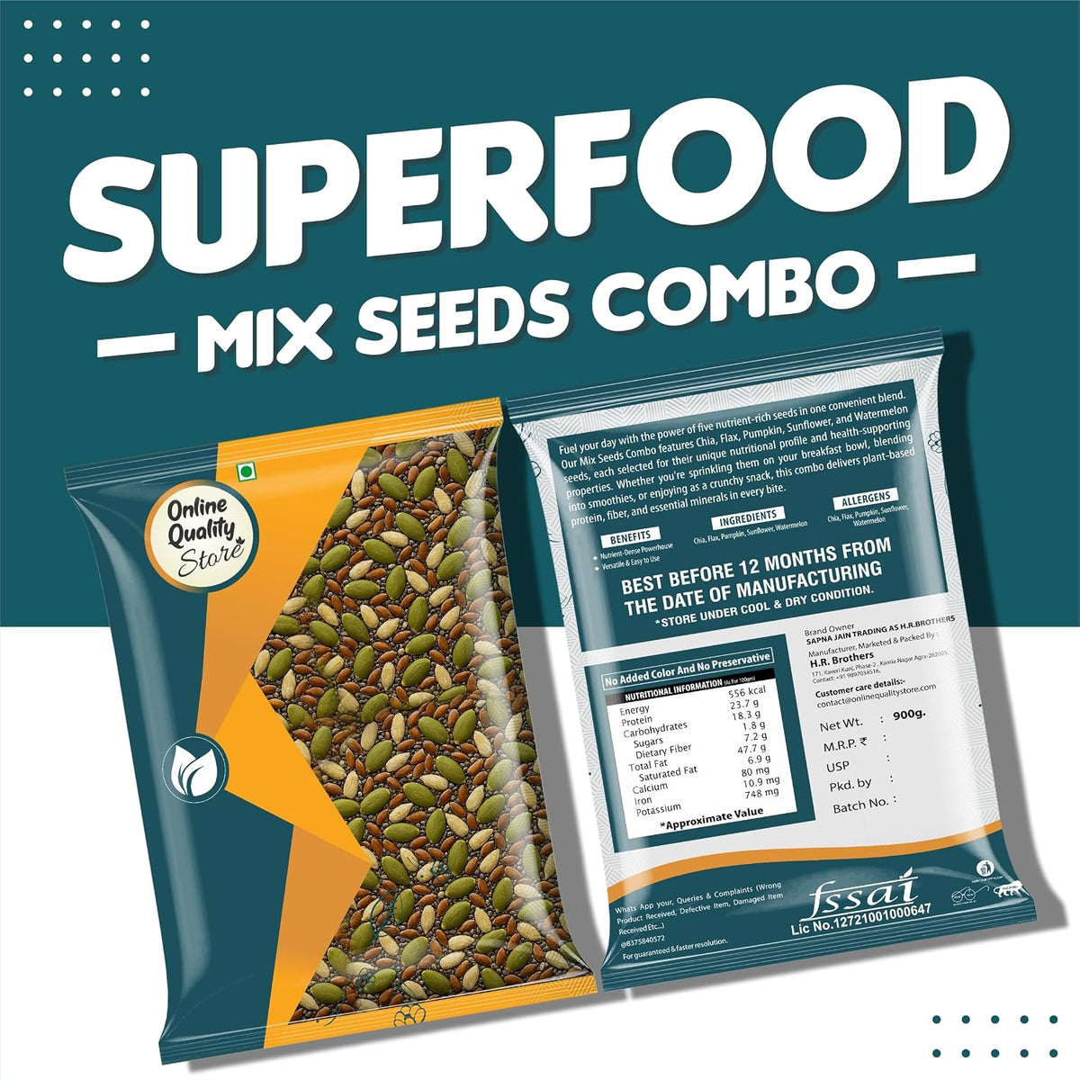 Online Quality Store Mix Seeds - 400g | 6-In-1 Super Seeds Mix | Pumpkin, Sunflower, Watermelon, Flax, Strawberry and Chery Seeds - Mixed seeds for weight loss | Edible Seeds
