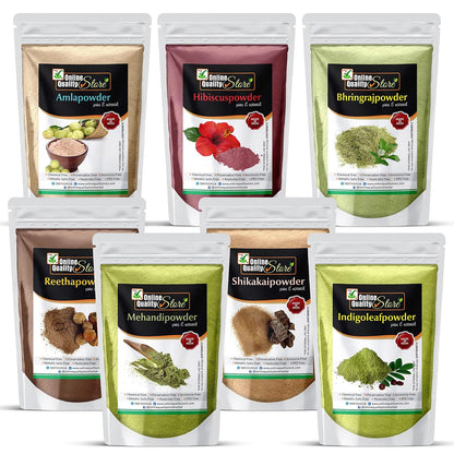 Online Quality Store Reetha (200g) + Amla (200g) + Shikakai (200g) + Bhringraj (200g) + Hibiscus (200g) + Mehandi (200g) + FREE Indigo (200g) Powder For Hairs, 1400g
