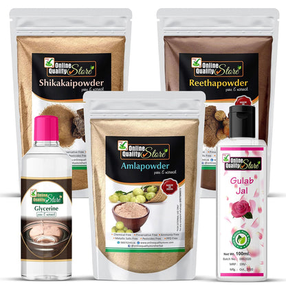 Online Quality Store Reetha (150g) + Shikakai (150g) + Amla (150g) Powders For Hair + Glycerin (200g) For Beauty & Skin Care + Pure Rose Water Gulab Jal Natural (200ml) Combo Pack, 850g