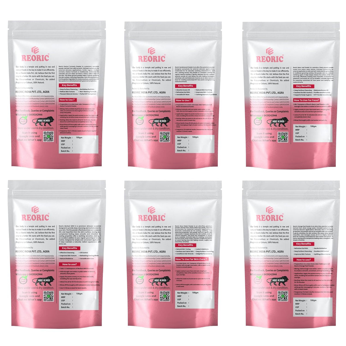 REORIC Herbal Face Pack Powder Combo Pack of 6 (100g Each) - Turmeric, Sandalwood, Neem, Orange Peel, Rose & Multani Mitti Powder
