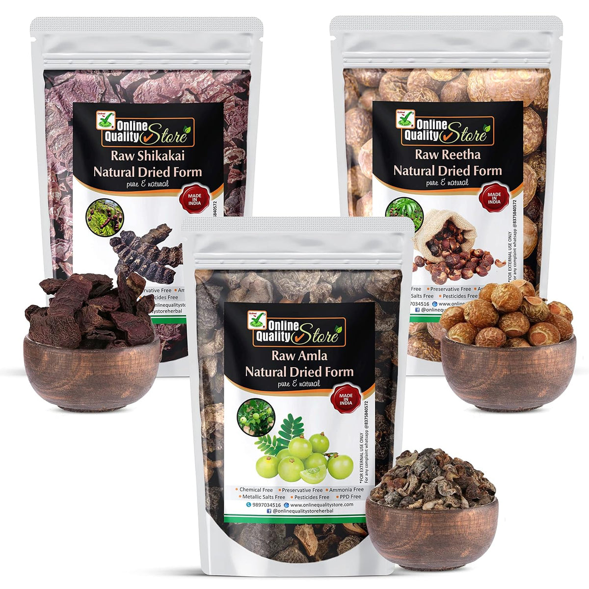 Online Quality Store Reetha Amla Shikakai (Raw Form) Combo Pack, 900 g (Pack of 3)
