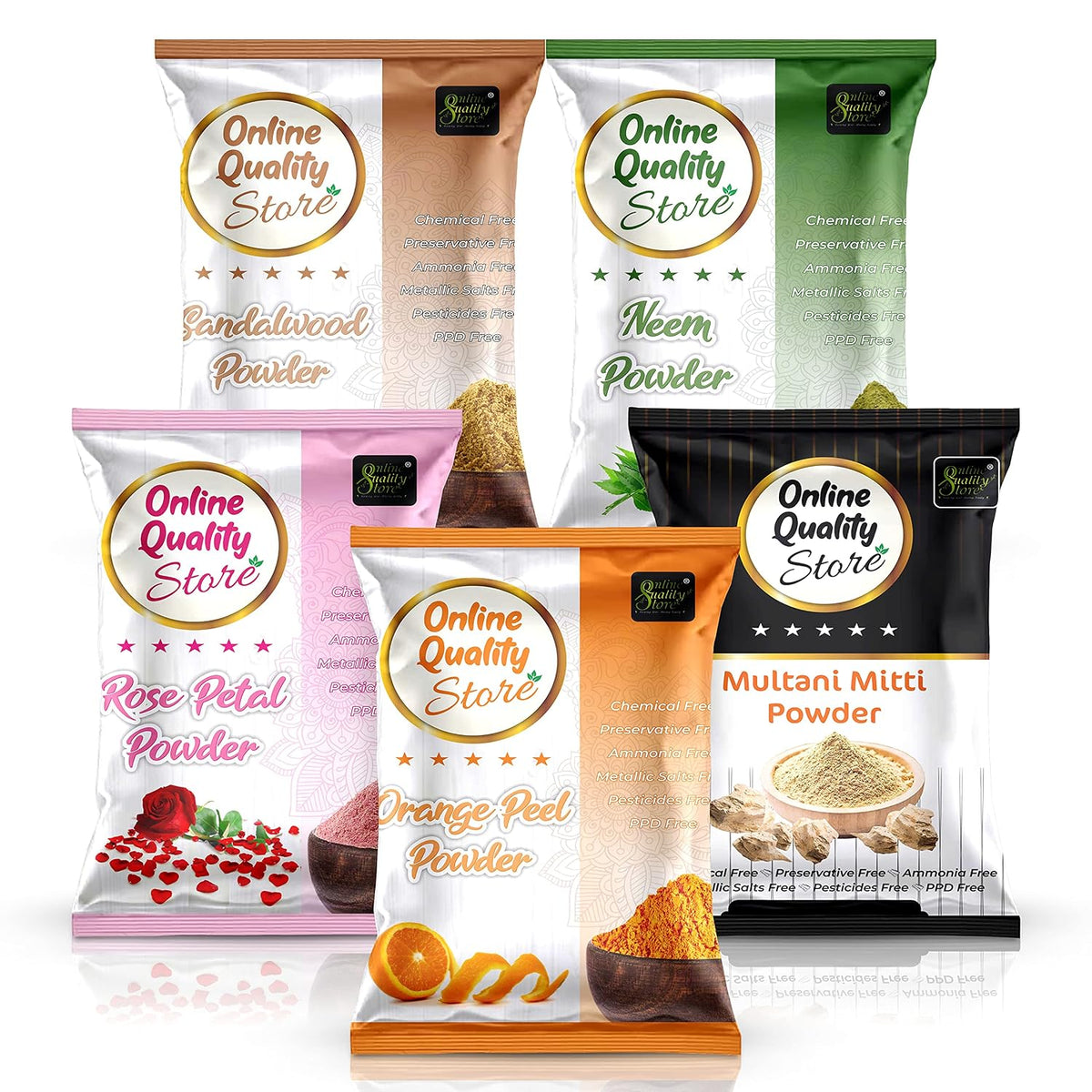 Online Quality Store Multani Mitti + Chandan Powder + Orange Peel Powder + Neem Powder + Rose Powder |fullers earth powder ,Bentonite Clay |sandalwood powder |Santra Chilka powder|Pure Neem Leaves Powder |Rose Petals Powder(Pack of 5 ,Total 400g Pack)