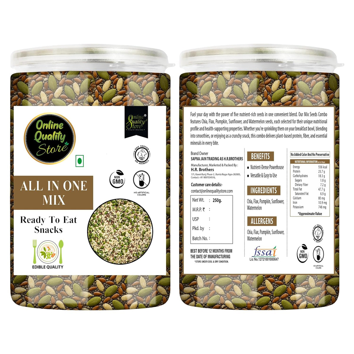 Online Quality Store Mix Seeds - 250g Jar | 6-In-1 Super Seeds Mix | Pumpkin, Sunflower, Watermelon, Flax, Strawberry and Chery Seeds - Mixed seeds for weight loss | Edible Seeds