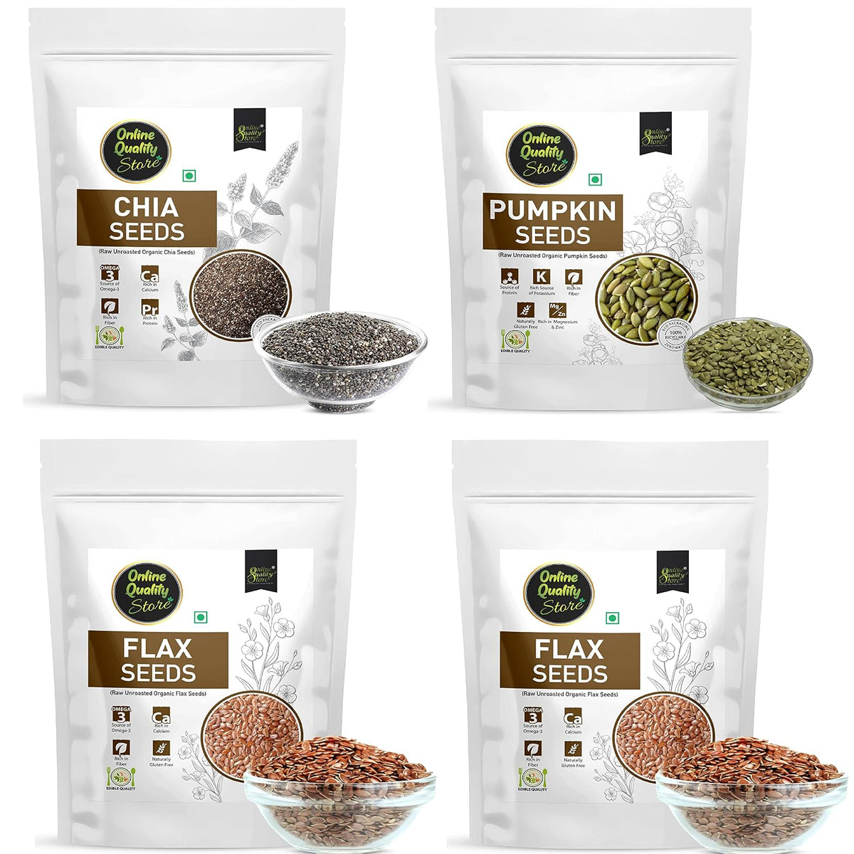 Online Quality Store Organic Combo of Flax Seeds & Chia Seeds, Pumpkin Seeds -400gm(100gm x 4 Pack)