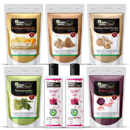 Online Quality Store multani mitti powder +Chandan Powder +Orange Peel Powder +Neem Powder +Rose Powder +free Pure Rose Water |Fuller's Earth , Bentonite Clay |sandalwood powder |santra chilka powder |face pack powder ,900g
