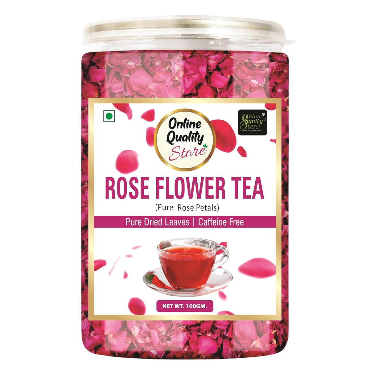 Online Quality Store Organic Rose Flower Tea - 100g | Pure Persian Rose Petals | Caffeine Free Herbal Tea | Use for Iced Tea, Cocktails | Cures Sore throat |Rose Tea |Dried Leaves Rose Herbal Tea