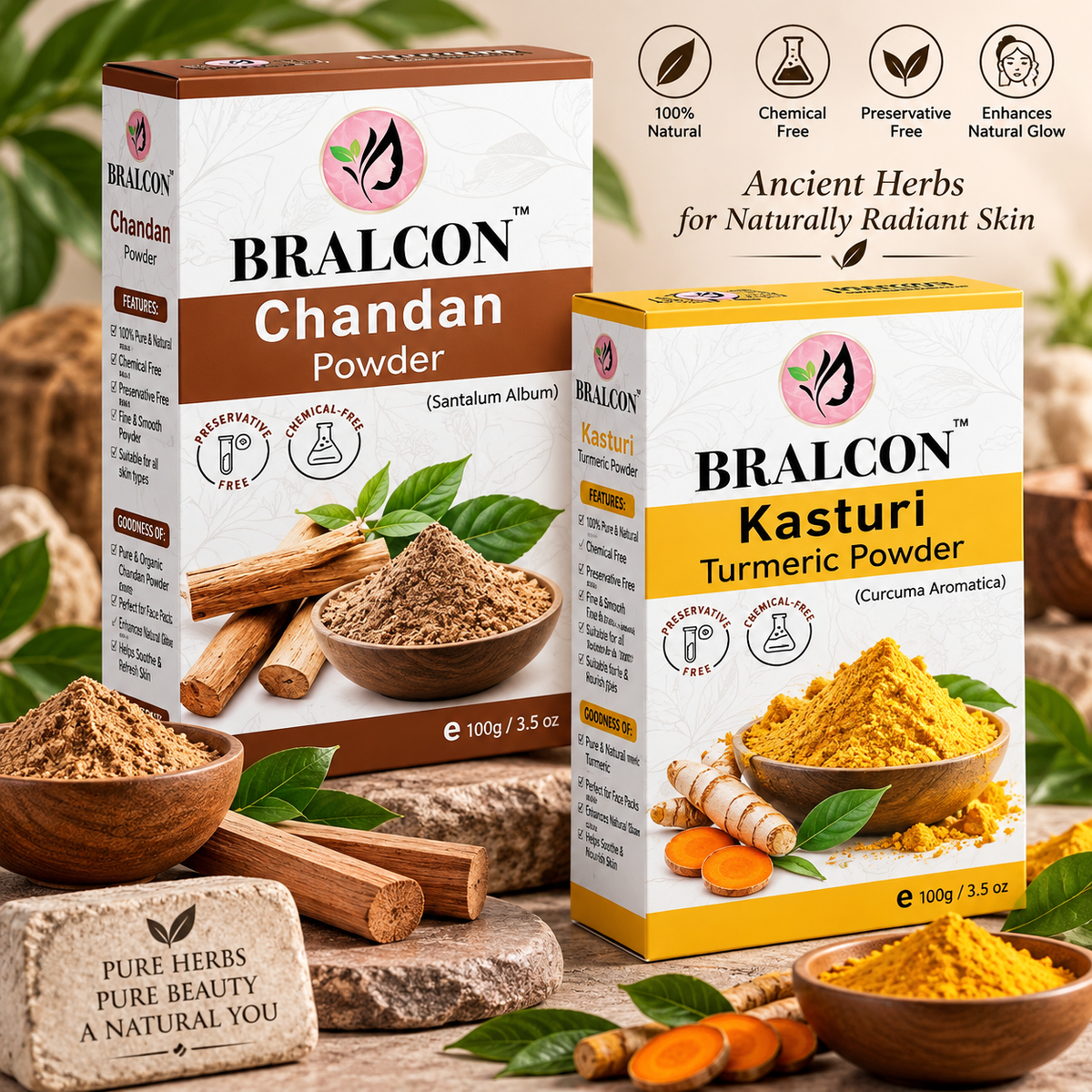 BRALCON Organic Kasturi Haldi, Chandan Powder Combo- 200g(100g x 2 Pack)