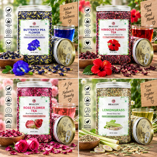 BRALCON Hibiscus Flower Tea + Butterfly Blue Pea flower + Lemongrass + Rose Tea - 50g Each - Total 200gm Pack